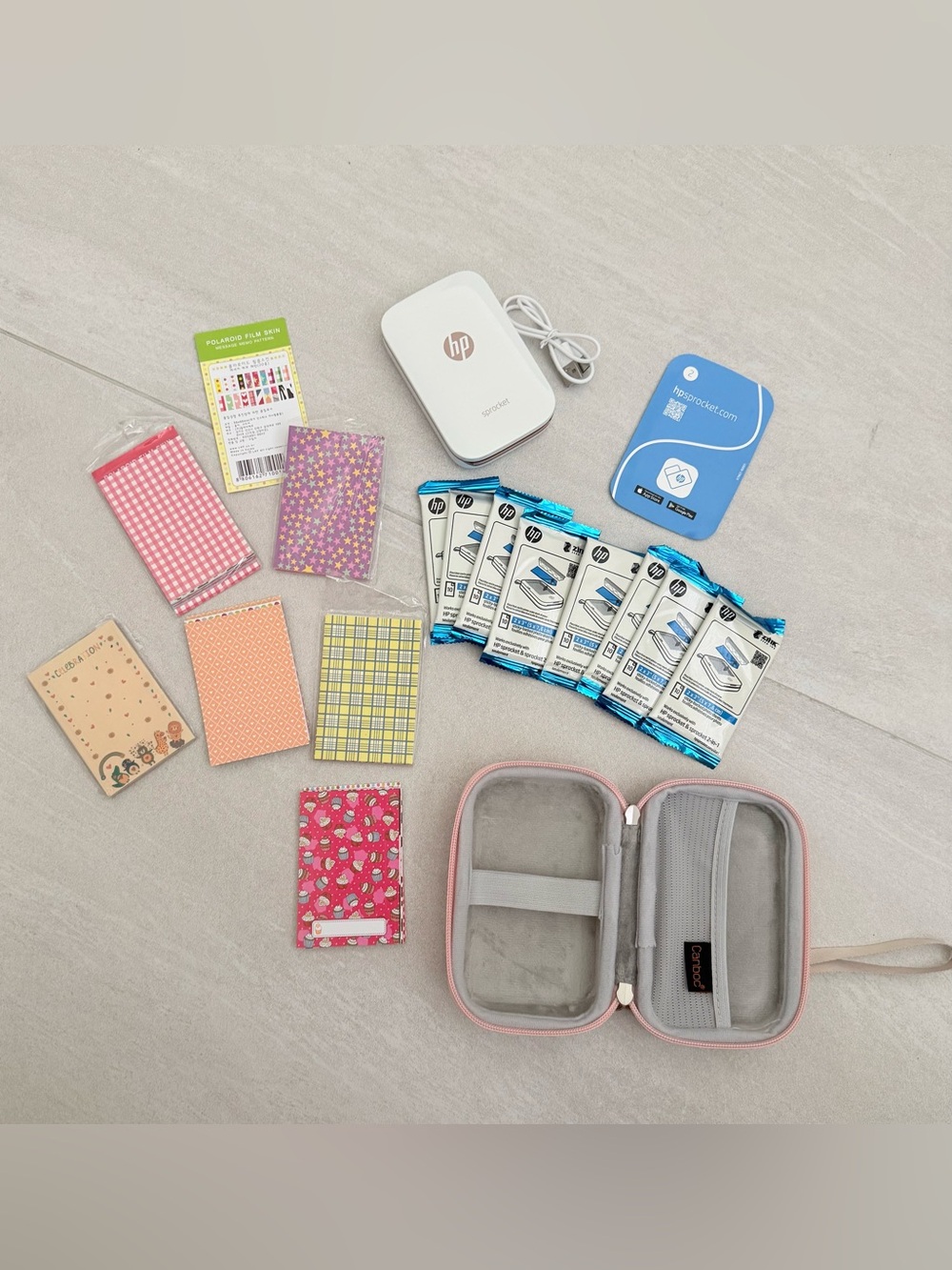 HP White Portable Photo Printer with Pink Carry Case and Photo Paper